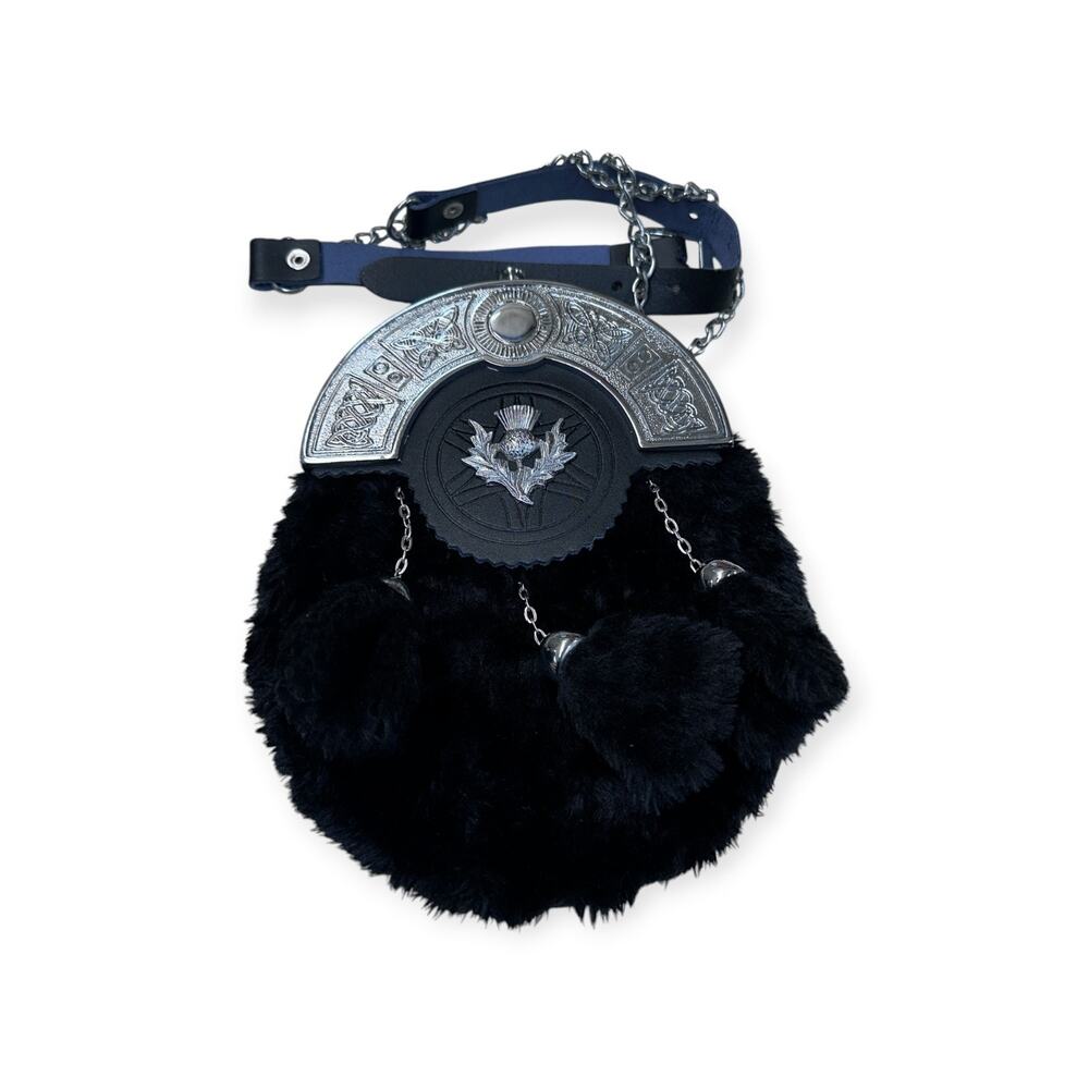Scottish Full Dress Kilt Sporran Black Rabbit Fur With Celtic Cantle and Chain